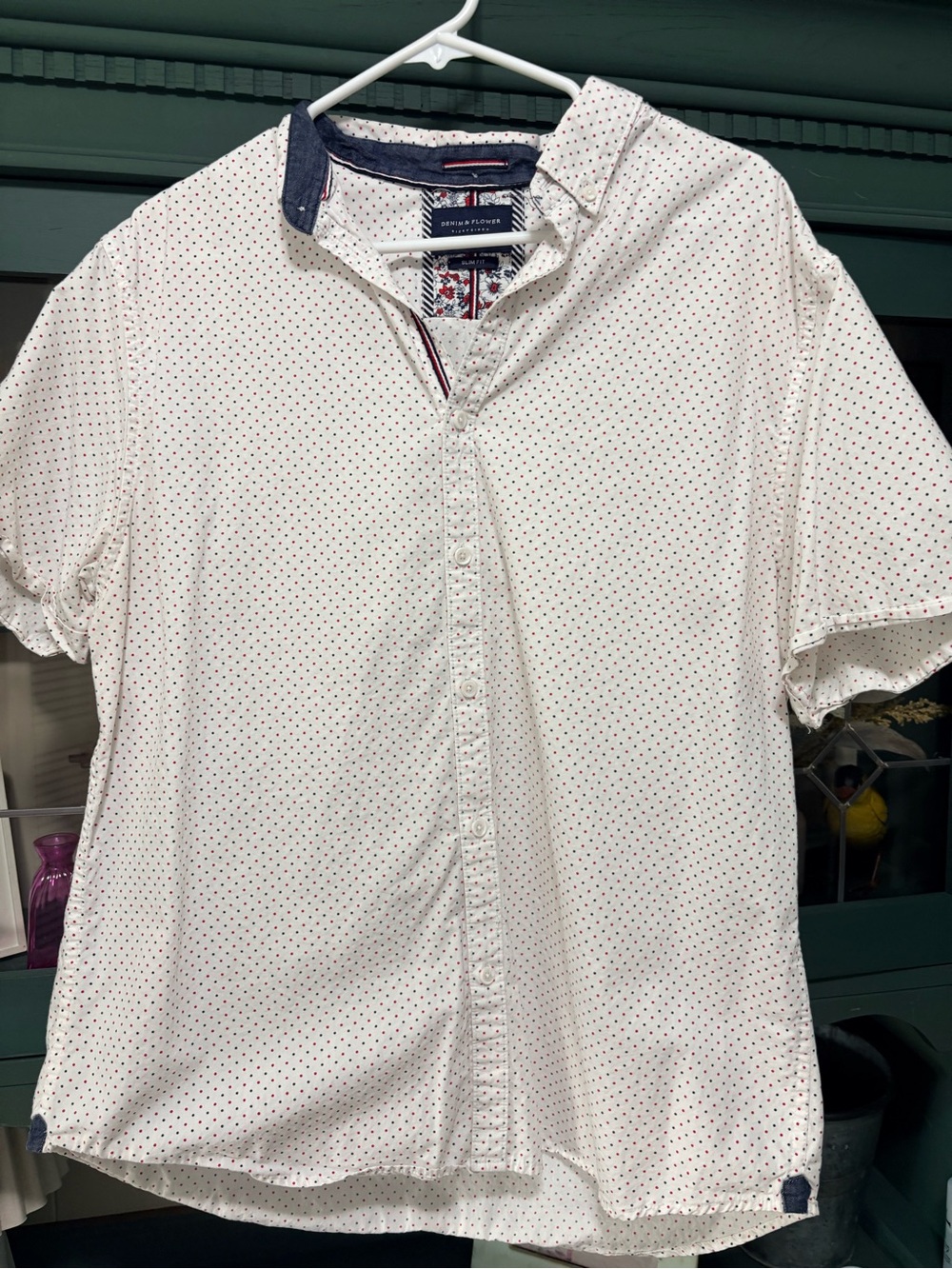 Denim & Flower White Short-Sleeve Button-Down Shirt with Red & Navy Micro Dots